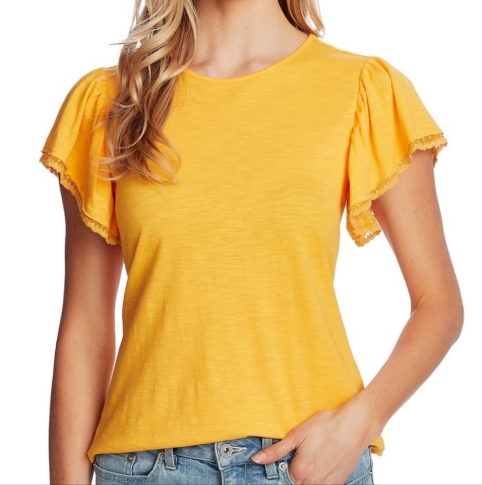 CeCe Lace Detail Flutter Sleeve Cotton Blend Tee In Golden Yellow - Size XL